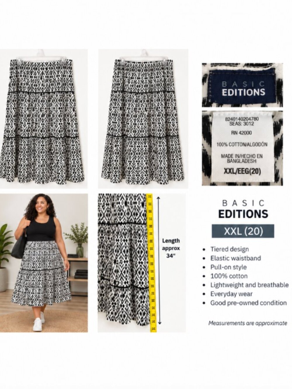 Basic Editions Tiered Cotton Midi Skirt XXL Size 20 Black White Geometric Print